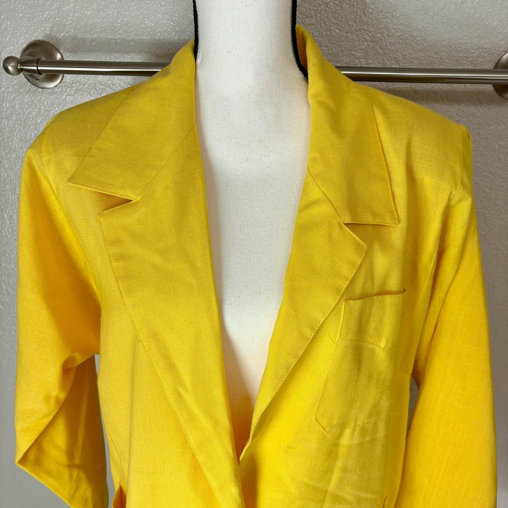 Cute 80s Raincoat Yellow Long Oversized Linen Woven Pattern Coat Modern Large L - Picture 5 of 10
